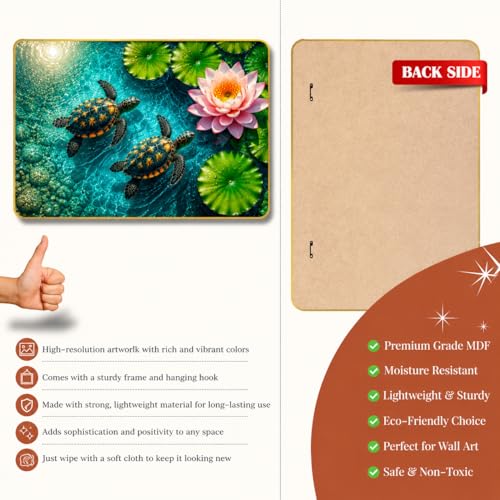 Image of Arkasto Turtle Lotus Wall Painting for Living Room | Nature Wall Art with Lotus Flower & Turtle Design | Premium UV Printed MDF Decor | Waterproof & Anti Fade | Golden Edge Frame | 24 x 18 Inch