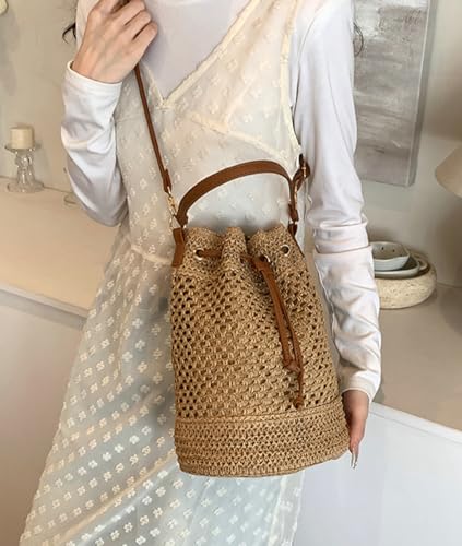 Womens Straw Bucket Bags Small Beach Shoulder Crossbody Purse Handmade Woven Totes Summer Drawstring Handbags3