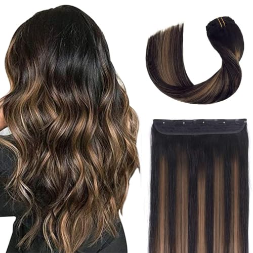 Winsky Hair Extensions Real Human Hair - One Piece Black Balayage Remy Hair Extensions Clip on 70gram for Women (14inch, #1BT6P1B)