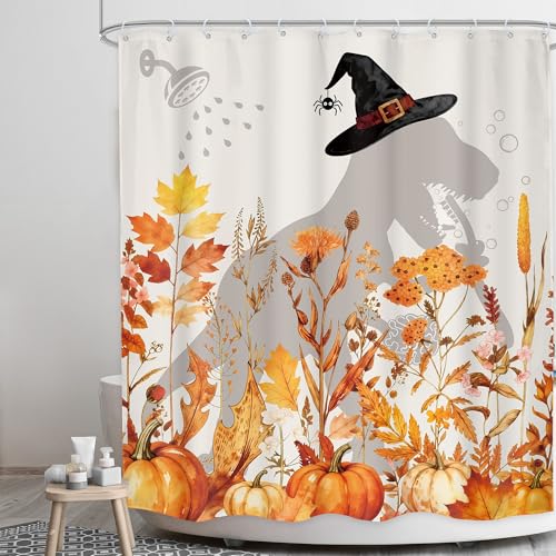 Image of Pumpkin Dinosaur Shower Curtain Bathroom Set 60Wx71H Inches Autumn Fall Funny for Kids Cute Dino Adorable Orange Leaves Bath Accessories Botanical Plant Art Home Decor Fabric 12 Pack Hooks