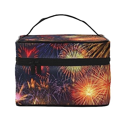 Beauty case organizer grande borsa da viaggio con stampa di caramelle rosa con cerniera per donne e truccatori quadrata portatile Fuochi dartificio Taglia unica