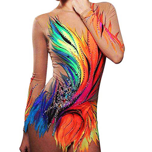 ZYDANC Colourful Rhythmic Gymnastics Leotards Artistic Gymnastics Competition Dress Girls Long Sleeve Skating Skirt,Multi Colored,7_10Years