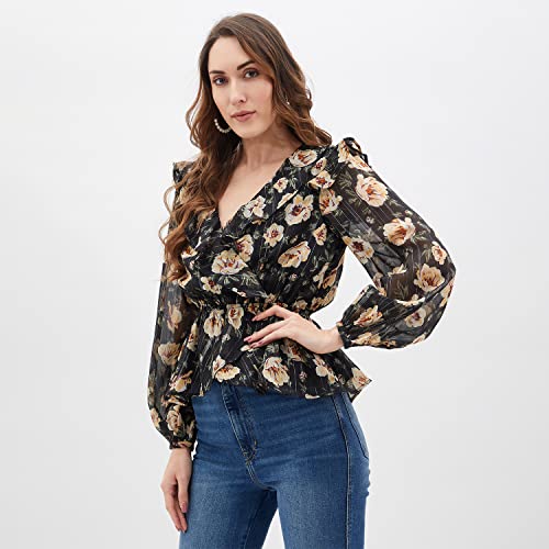 Image of Kibo Women's Black Floral Print Long Sleeve Ruffle Top