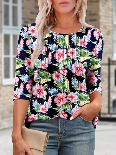 KISSMODA Tunic Tops for Women Loose Fit Dressy Round Neck Pleated 3/4 Length Sleeve Spring Tops