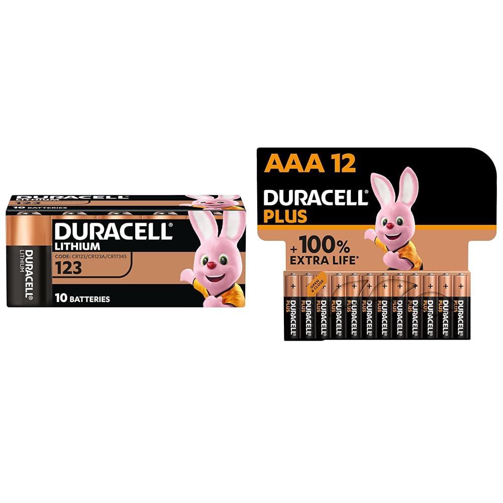 DURACELL CR123 (10 Pack) high power lithium battery 3V(CR123A /CR17345)–For use in Cameras & Plus AAA Batteries (12 Pack) - Alkaline 1.5V - Up To 100% Extra Life