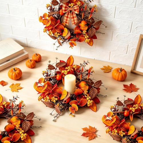 Image of 6 PCS Fall Candle Ring Wreaths Artificial Autumn Eucalyptus Candle Wreath with Leaves Berries Flowers Thanksgiving Farmhouse Harvest Wreath Candle Holder for Pillar Candles Table Centerpiece Decor