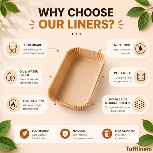 Image of Rectangle Air Fryer Paper Liners 8.6 x 5.5 Inch, 100 Sheets, Silicone Coated, 100% Virgin Wood Pulp, Oil & Water Proof, Shape Retaining, Non-Stick Disposable Parchment Paper