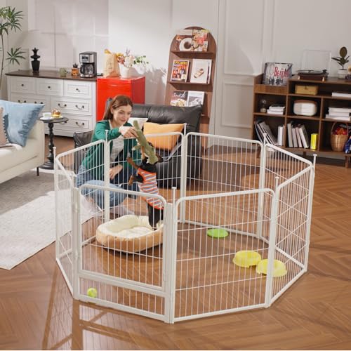 SunsGrove 8-teilig Welpenauslauf 80cm Hoch, Rutschfester Hundestall für drinnen mit 1 Türen, Anti-Rost Hundezaun, Automatische Verriegelung, Weiß