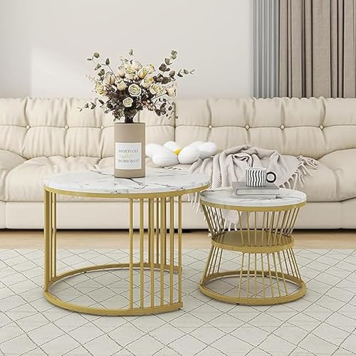 Image of The Round Coffee Table and The Stacking Tea Table with a Gold Metal Frame are Two Versatile Modern Center Tables That Look Great in Living Rooms (White Gold)
