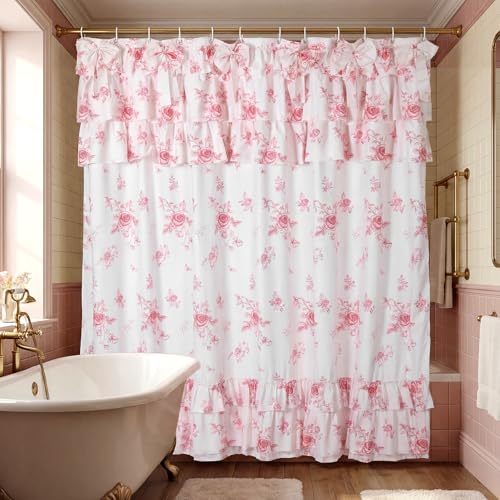 Lumina Garden Pink Floral Ruffle Shower Curtain with Bows Vintage Pink Flower Print...