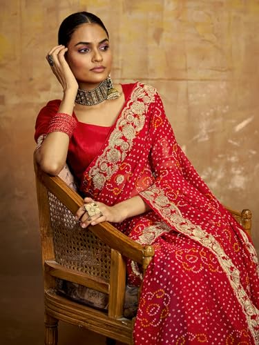 Image of Satrani Women'S Georgette Embroidery Bandhani Printed Saree With Unstitched Blouse Piece