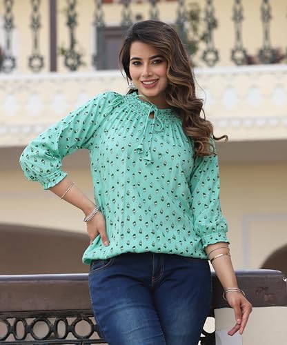 Image of Himanshi Enterprises Women's Traditional Casual 3 /4 Sleeves Mandarin Nack Rayon Floral Printed Short Kurti