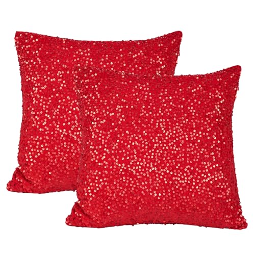 SquarePie Sequin Velvet Throw Pillow Covers 18x18 Inch Set of 2 Red Sparkling Glitzy Cushion Covers Decorative Pillow Cases for Couch Sofa Living Room Home Party Decor
