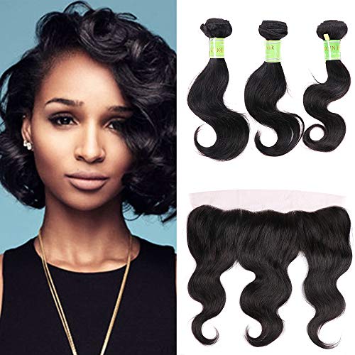 Unprocessed Brazilian Virgin Body Wave Human Hair Bundles with 13 x 4 Lace Frontal (8" 10" 12" + 8") Short Virgin Hair 3 Bundles Black Human Hair Weave Extensions