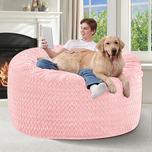 Image of 4FT Bean Bag Chair,Giant Bean Bag Chairs for Adults,Big Bean Bags with Memory Foam Filled, Large Beanbag Chairs with Chevron Plush Cover-Soft Pink