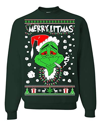 Merry Litmas The Grinch Christmas Sweatshirt, Funny Christmas Sweatshirts, Grinch Christmas Sweater (M Forest Green)