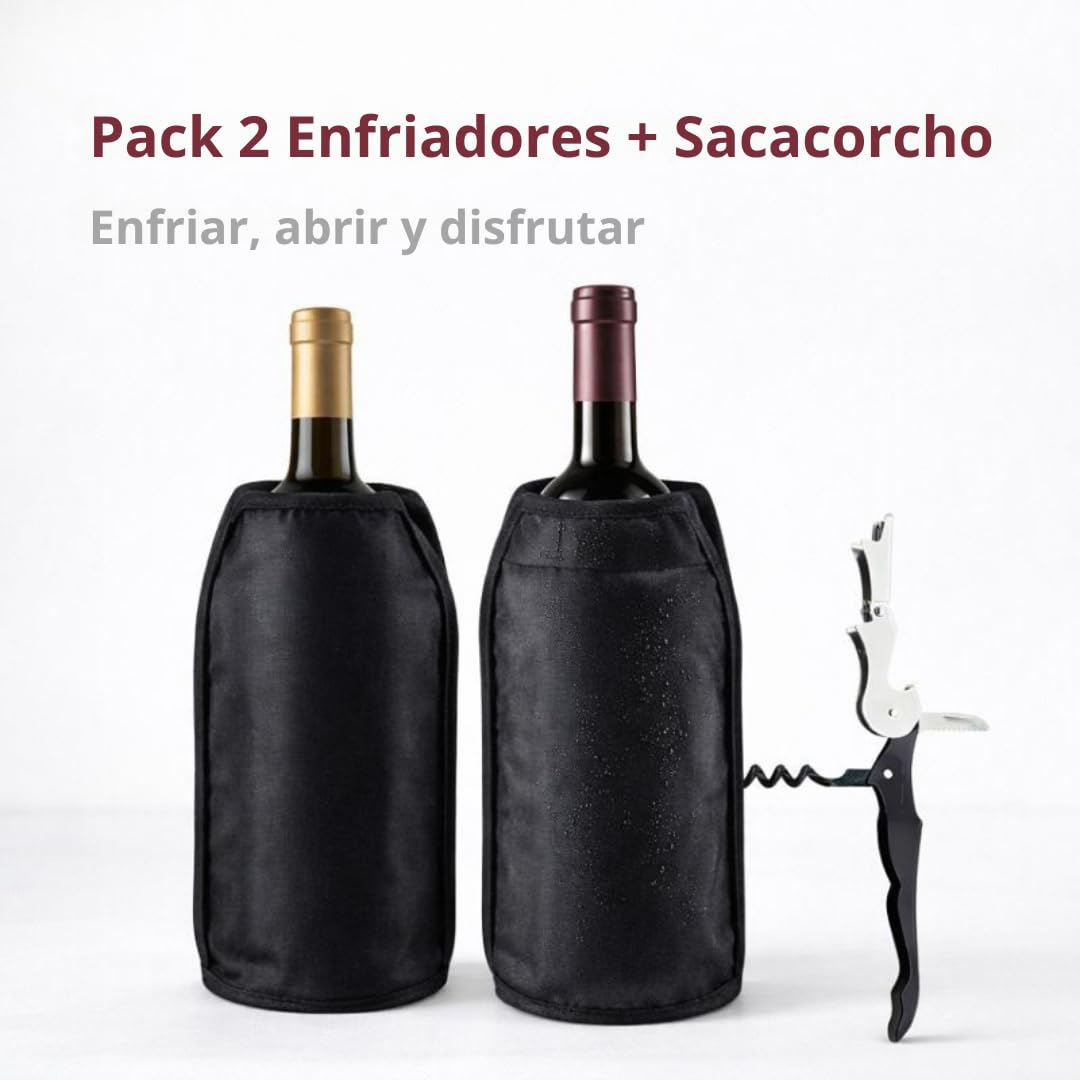 Pack 2 Enfriadores de Botellas de Vino + Sacacorchos Camarero | Funda Enfriadora con Gel Refrigerante Interior | Manga Enfriadora para Vino, Cava y Champagne | 15,5x22,5 cm (negro) — view 5