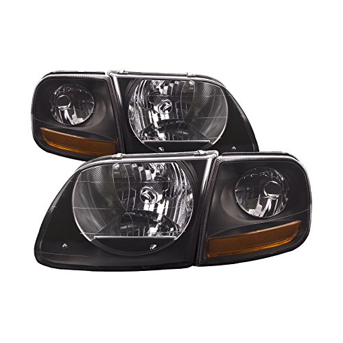 HEADLIGHTSDEPOT Black Housing Halogen Lightning Style Headlights Compatible with Ford Expedition F-150 Includes Left Driver and Right Passenger Side Headlamps Smoked lens 4 Piece Set with Corners