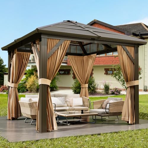 10X10 FT Outdoor Polycarbonate Hardtop Gazebo, Outdoor Gazebo with Mesh