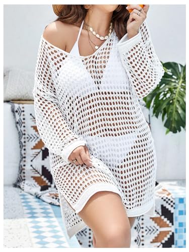 WDIRARA Women's Plus Size Swimwear V Neck Hollow Out Split Hem Bikini Cover Up Long Sleeve Beach Dress4