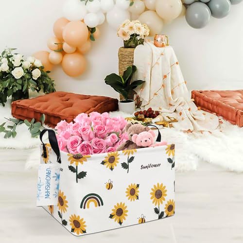 Image of Rectangular Storage Bin Collapse Canvas Fabric Cartoon Storage Basket with Handles for Organizing Home Kitchen Boys and Girls Toys Office Closet Shelf Baskets(Rec Sunflower)