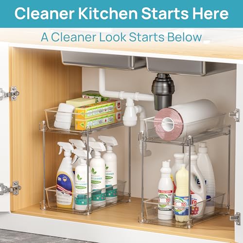 Image of Vtopmart 2 Pack Higher Bathroom Organizer, 2 Tier White Under Sink Organizers Vanity Countertop Storage Container,Cabinet Drawers Bins, Pull-Out Organization with Track for Pantry, Kitchen
