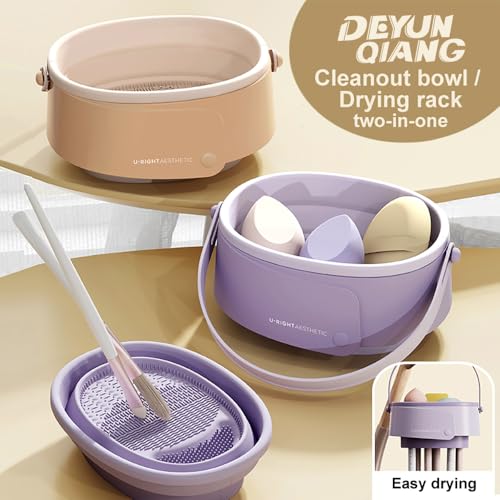 Image of Foldable silicone makeup brush cleaning bowl, makeup tool cleaning bowl, makeup brush cleaning tool storage and Makeup cotton drying rack(purple) (khaki)