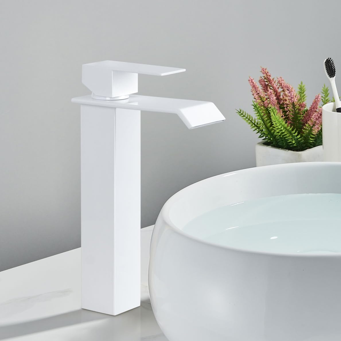 PHASAT Grifo de Baño Alto Cascada Grifo de Lavabo con Caño de 205mm de Altura, Mezclador Monomando Lavabo PTMP19W