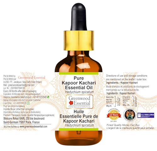Image of Greenwood Essential Kapoor Kachari Essential Oil (Hedychium spicatum) with Glass Dropper Pure | Non-Sticky | Non-greasy | Lightweight | Men & Women | All Skin Types | Steam Distilled 100ml