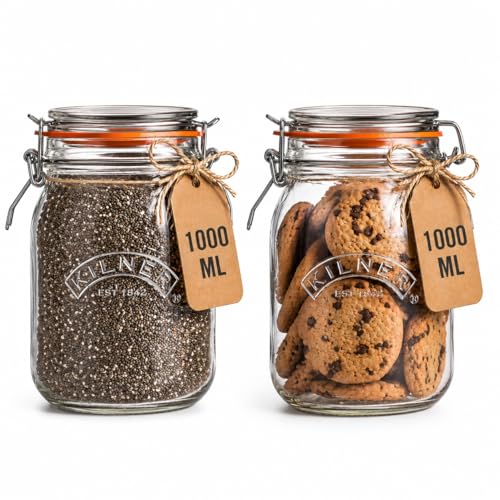 Image of Kilner Premium 2 x 1Litre Round Airtight Leakproof Borosilicate Glass Clip Top Jar | Multipurpose Food Storage Container with Wire Lock for Yougurt, Coffee, Pasta, Drinks