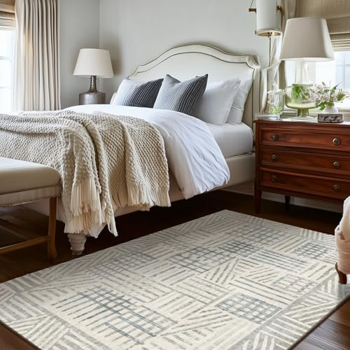 Image of Area Rug 4x6 Abstract Geometric Textured Brushstroke - Neutral Gray & Light Blue Modern Minimalist Area Rug, Decorative Carpet for Living Room Bedroom Home Decor