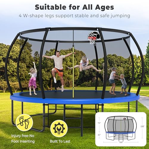 Lyromix 14FT Outdoor Trampolines for Kids and Adults, Pumpkin Trampolin with Curved Poles, Recreational Trampolin with Basketball Hoop and Safety Enclosure Net for Kids and Adults - Thumbnail 7