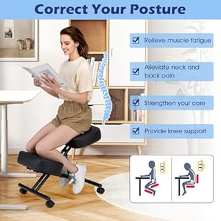 HOMASIS Sedia Posturale con 4 Ruote e Freni, Sgabello Ergonomico con Regolabile in Altezza, Sedia Inginocchiata e Ortopedica con Cuscino Spesso per Casa e Ufficio, Nero (72 x 46 x 54 cm)