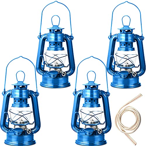 4 Pieces Small Hurricane Lantern Oil Lamp 8 Inch Hanging Kerosene Lantern with Wick for Halloween Christmas Party Decorations Camping Hiking Backpacking Emergency (Blue)