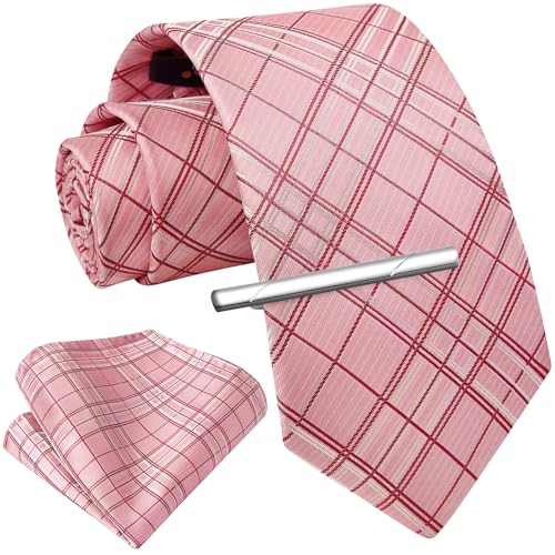 Image of Enlision Ties for Men Plaid Stripe Tie Handkerchief Woven Classic Formal Necktie Pocket Square Clip Set