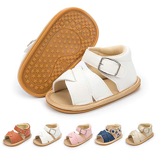 Isbasic Infant Baby Pu Leather Sandals for Toddler Boys Girls Rubber Sole Anti-Slip Slippers Dress Shoes, A-white, 0-6 Months Infant