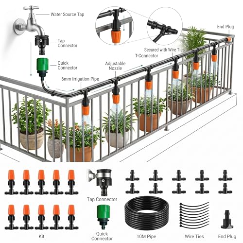 Image of JERN DIY 10 Nozzle Drip Irrigation Kit for Plants, Automatic Plant Watering System with Misting Cooling Nozzles, DIY Garden Irrigation Set for Balcony, Terrace, Lawn, Patio, Greenhouse & Outdoor Use