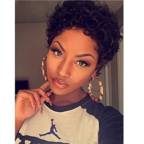 VRZ Fashion Hairstyles Layered Brazilian Short human hair Tight Afro Kinky Curly Fluffy Wig Full Density Medium Cap Size 1B color (SC)