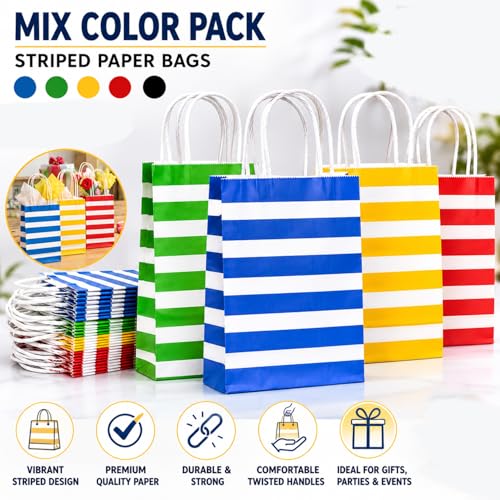 Image of Aakriti Striped Paper Gift Bags | Medium Size 10 x 4 x 12 Inches Gift Bags with Handles for Birthday Return Gifts, Party Favors & Shopping Mix Color Blue, Red, Yellow, Green & Black Pack of 10 pcs