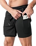 NEVER QUIT Men's 2 in 1 Workout Running Shorts Lightweight Training Yoga Gym Short with Pockets (M) Black