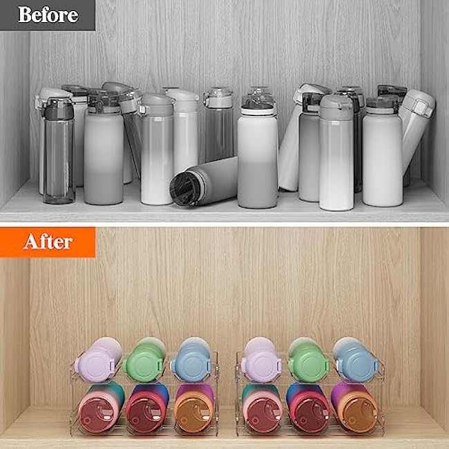 Lifewit Stackable Water Bottle Organizer for Cabinet, Kitchen Pantry Organization and Storage, Plastic Fridge Wine Racks, Tumbler Travel Cup Holder, 2Pack, Hold 6 Bottles