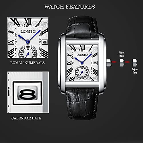 Image of LONGBO Mens Watch Rectangular Shape Alloy Case Business Casual Genuine Leather Strap Watch with Seconds Subdial | Calendar Date | Scratch Resistant Waterproof Watch for Men