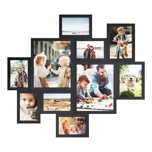 SONGMICS Bilderrahmen 10er Set Fotocollage Fotorahmen für die Wand zwei 20 x 25 cm vier 13 x 18 cm vier 10 x 15 cm werkzeuglose Montage schwarz RPF100BZ01