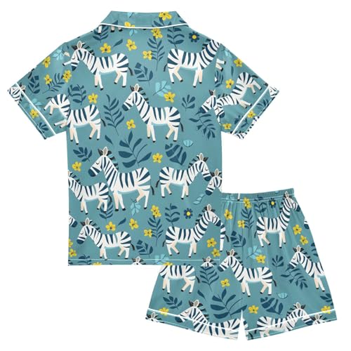 ALAZA Zebra Flower Leaves Pajamas Satin Pajama Set Short Sleeve Button Down Sleepwear2