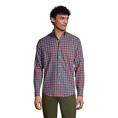 Lands' End Mens Traditional Fit No Iron Twill Shirt Orange Clay Multi Check Regular Large #TOP19