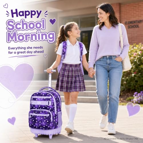 Image of 3Pcs Rolling Backpack for Girls, 19 inch Kids Wheeled Bookbag with Lunch Box, Roller Bag for Elementary Travel (Purple)