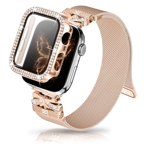 Magnetic Band for Women Compatible with Apple Watch Band 38mm 40mm 41mm 42mm 44mm 45mm 46mm Milanese Stainless Steel Loop with Bling Protective Case, Dressy Metal Strap Replacement iWatch Band