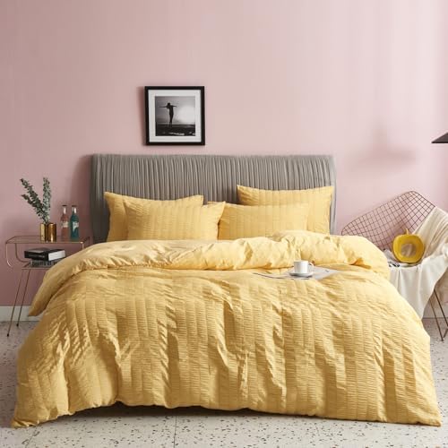 Freyamy Seersucker Bettwäsche 155x220 Gelb Geprägt Gestreift Bettwäsche Set | Aesthetic Bettwäsche Mädchen, 2 teilig Unifarben, Microfaser ÖKO-TEX Bettbezug mit Reißverschluss und