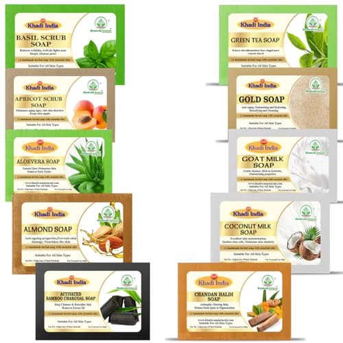 Image of Khadi Organic and Natural Handmade Bathing Soap for Men & Women By Bhudevam Naturals | Assorted Herbal & Chemical-Free Face and Body Soap for Gentle Cleansing & Healthy Skin (Assorted Bathing Soap (Pack of 10))