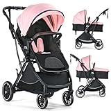 TODEFULL Baby Stroller, 3 in 1 Folding High Landscape Infant Stroller & Convertible Bassinet Pram for Newborn, Portable Baby Carriage Pushchair with Adjustable Canopy, Cup Holder, Storage Basket, Pink